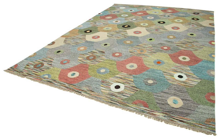 Scrap Sarı Geometrik Pamuk Yün El Dokuma Halısı 302x428 Agacan