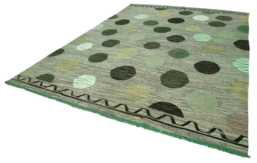 Scrap Yeşil Geometrik Pamuk Yün El Dokuma Halısı 305x432 Agacan