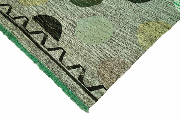 Scrap Yeşil Geometrik Pamuk Yün El Dokuma Halısı 305x432 Agacan