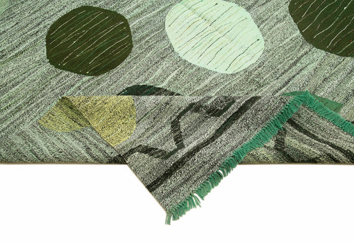 Scrap Yeşil Geometrik Pamuk Yün El Dokuma Halısı 305x432 Agacan