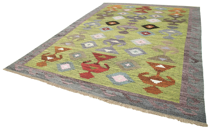 Scrap Yeşil Geometrik Pamuk Yün El Dokuma Halısı 303x415 Agacan