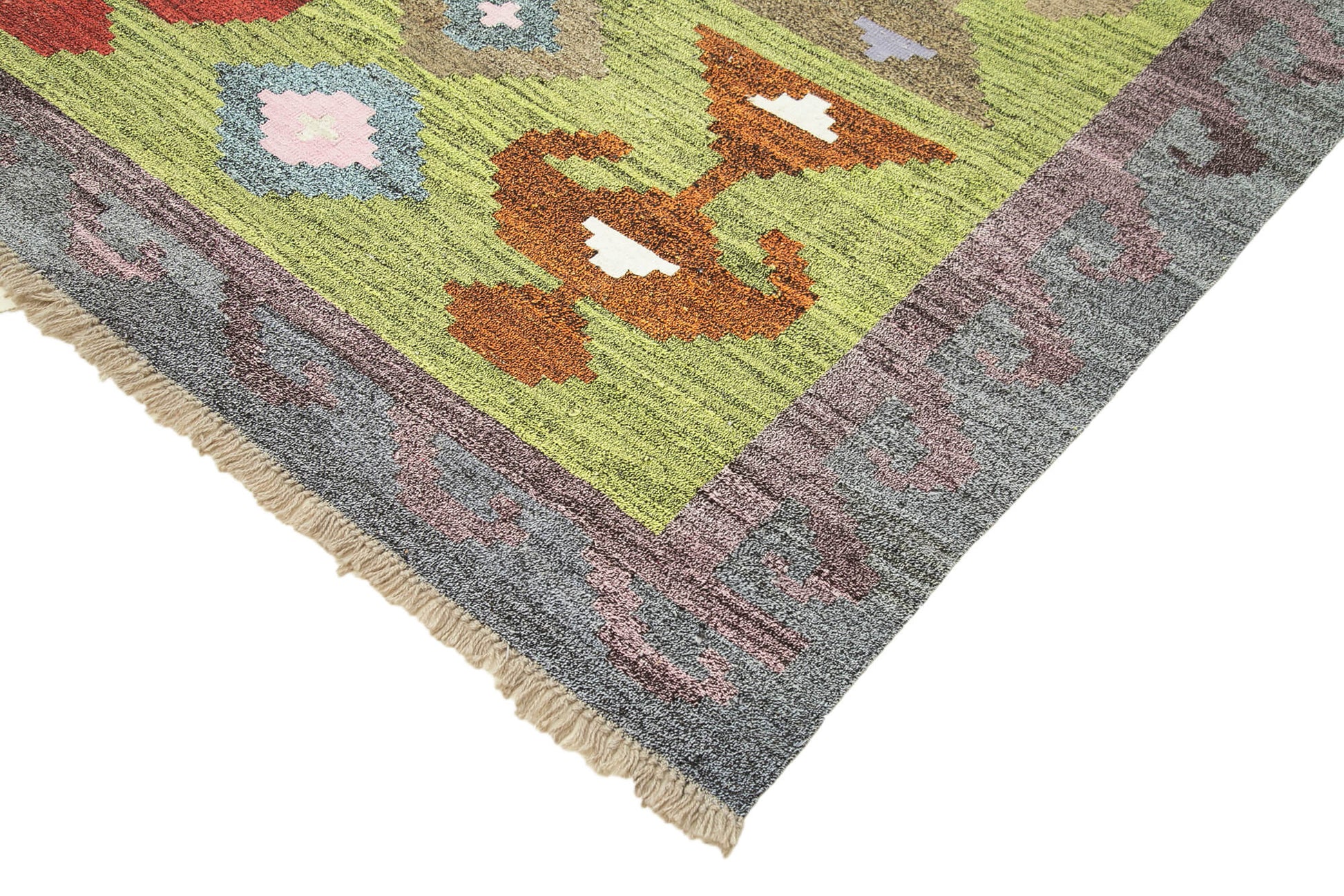 Scrap Yeşil Geometrik Pamuk Yün El Dokuma Halısı 303x415 Agacan