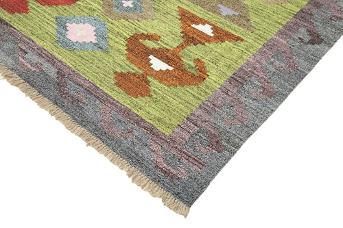 Scrap Yeşil Geometrik Pamuk Yün El Dokuma Halısı 303x415 Agacan