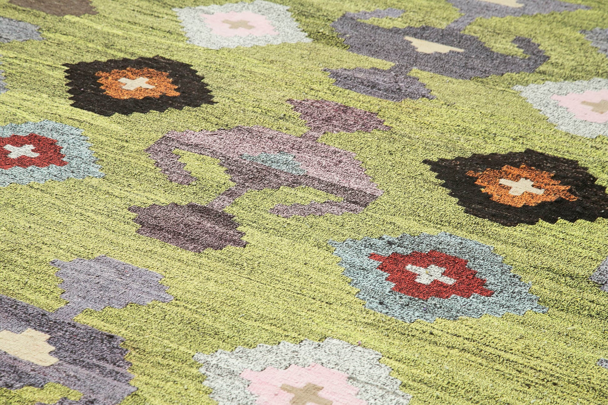 Scrap Yeşil Geometrik Pamuk Yün El Dokuma Halısı 303x415 Agacan