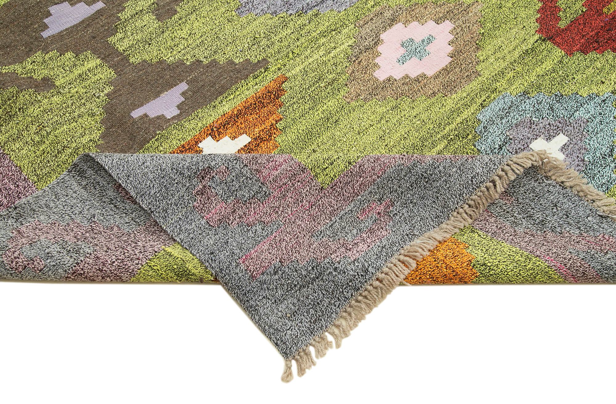 Scrap Yeşil Geometrik Pamuk Yün El Dokuma Halısı 303x415 Agacan