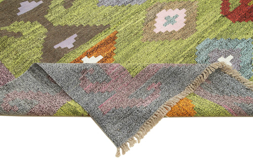 Scrap Yeşil Geometrik Pamuk Yün El Dokuma Halısı 303x415 Agacan