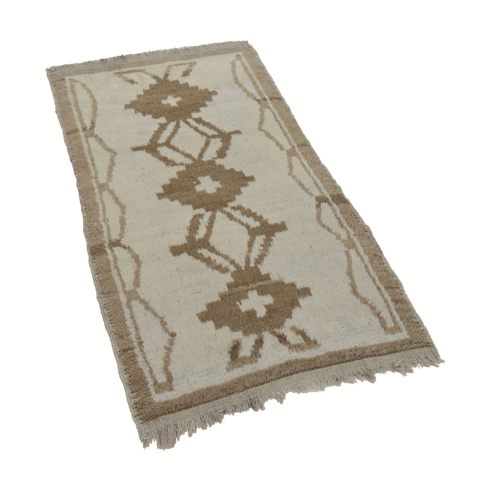 Tulu Bej Geometrik Pamuk Yün El Dokuma Halısı 98x177 Agacan