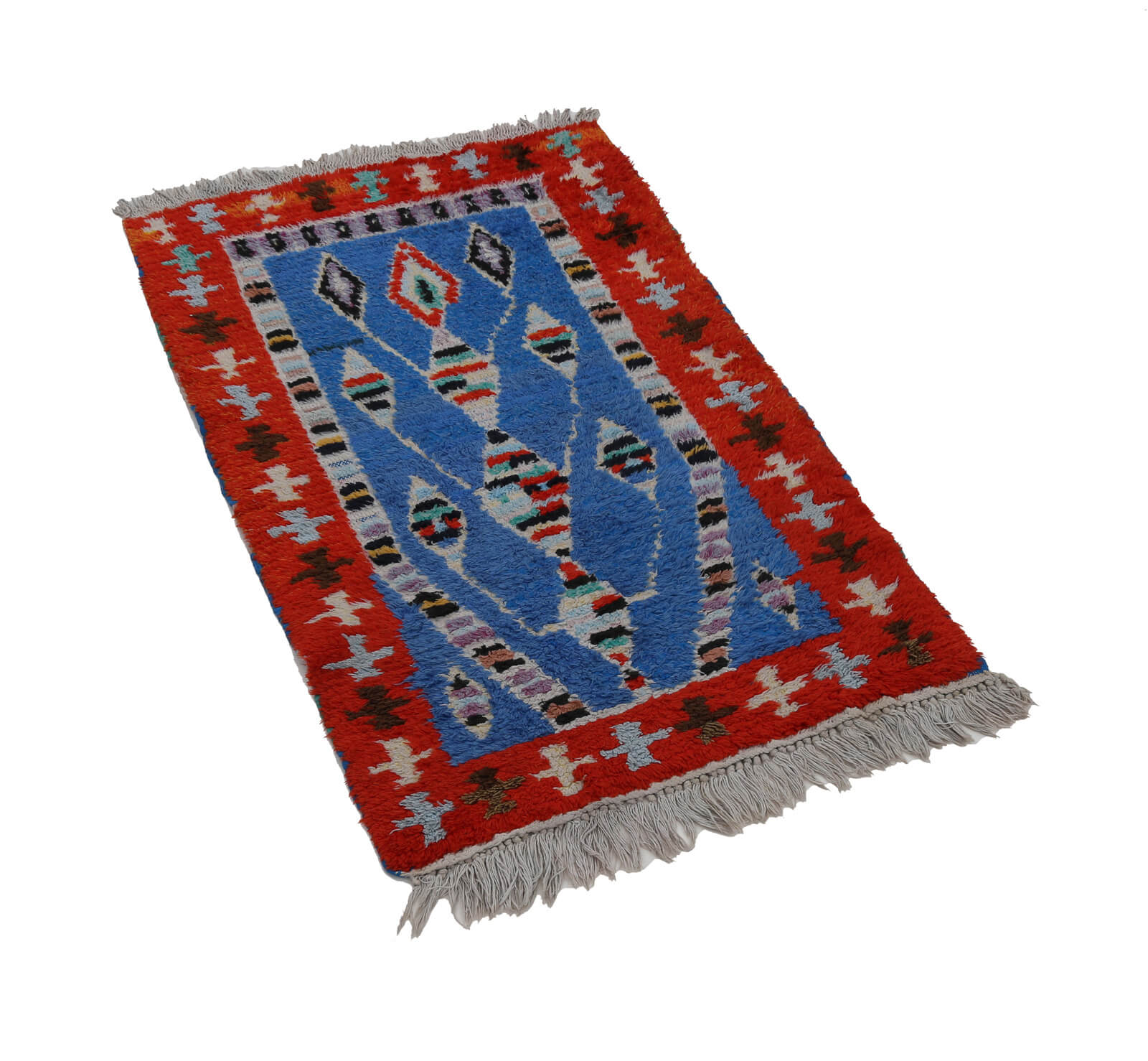 Tulu Mavi Geometrik Pamuk Yün El Dokuma Halısı 65x103 Agacan