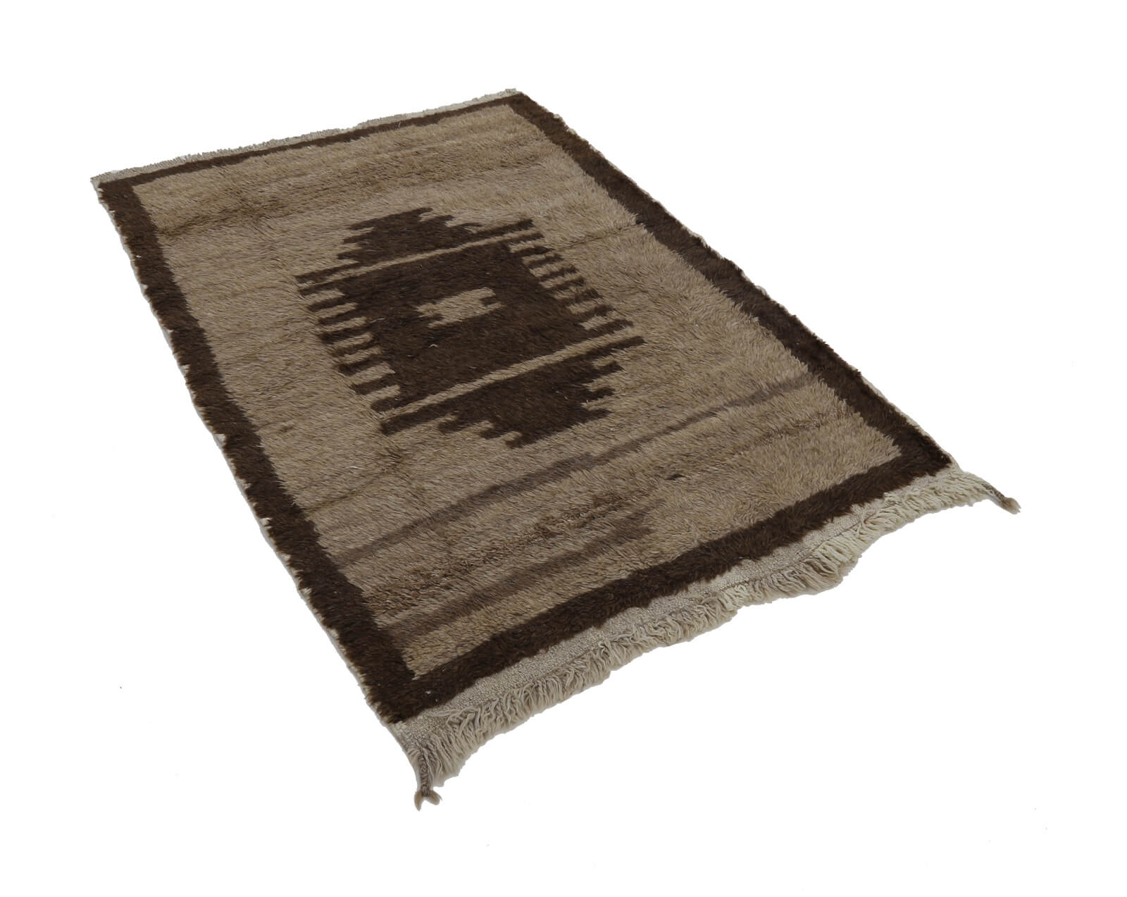 Tulu Kahverengi Geometrik Pamuk Yün El Dokuma Halısı 125x180 Agacan