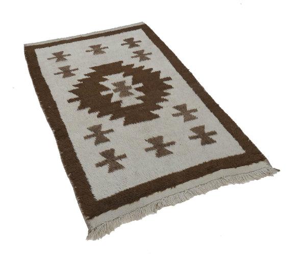 Tulu Bej Geometrik Pamuk Yün El Dokuma Halısı 111x172 Agacan
