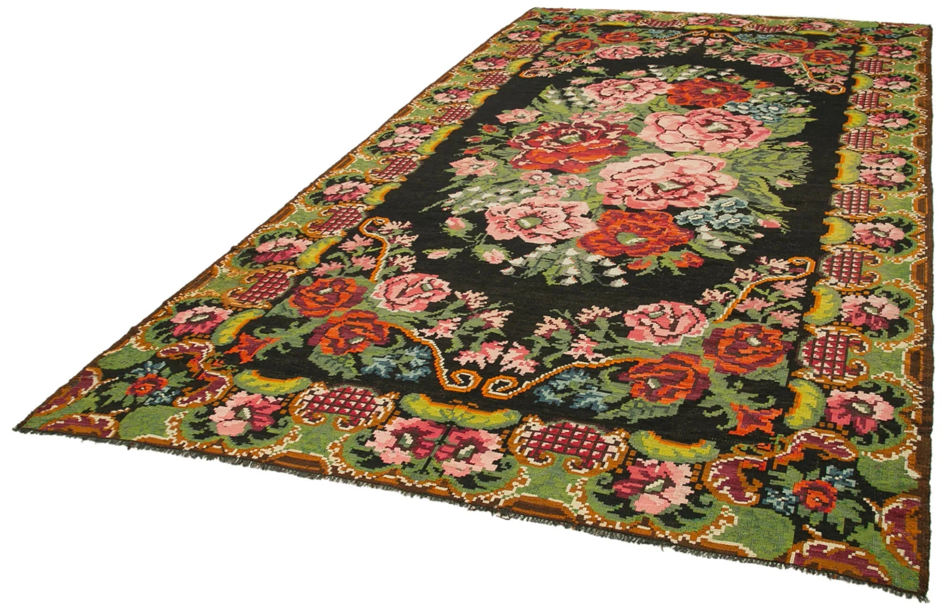 Moldovian Floral Siyah Çiçekli Pamuk Keçi Tüyü Yün El Dokuma Halısı 218x387 Agacan