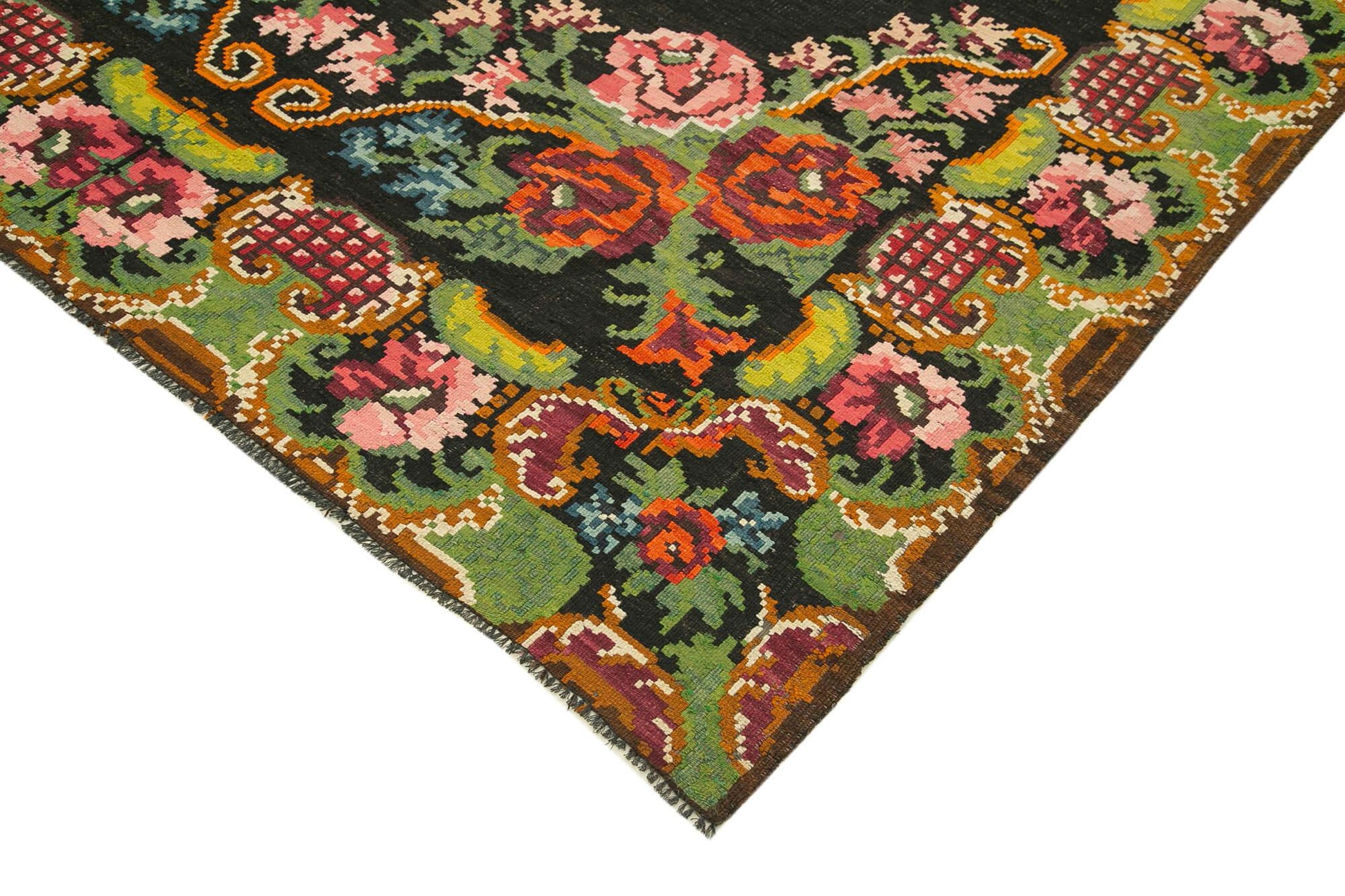 Moldovian Floral Siyah Çiçekli Pamuk Keçi Tüyü Yün El Dokuma Halısı 218x387 Agacan