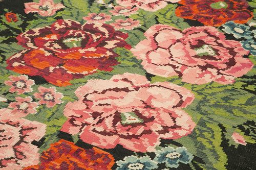 Moldovian Floral Siyah Çiçekli Pamuk Keçi Tüyü Yün El Dokuma Halısı 218x387 Agacan