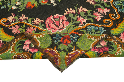 Moldovian Floral Siyah Çiçekli Pamuk Keçi Tüyü Yün El Dokuma Halısı 218x387 Agacan