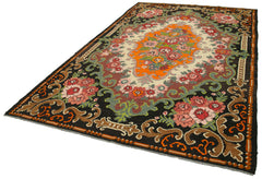 Moldovian Floral Siyah Çiçekli Pamuk Yün Keçi Tüyü El Dokuma Halısı 210x320 Agacan