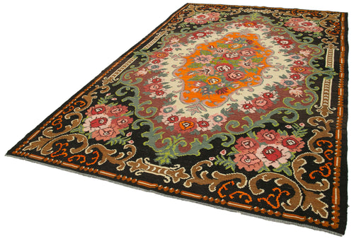 Moldovian Floral Siyah Çiçekli Pamuk Yün Keçi Tüyü El Dokuma Halısı 210x320 Agacan