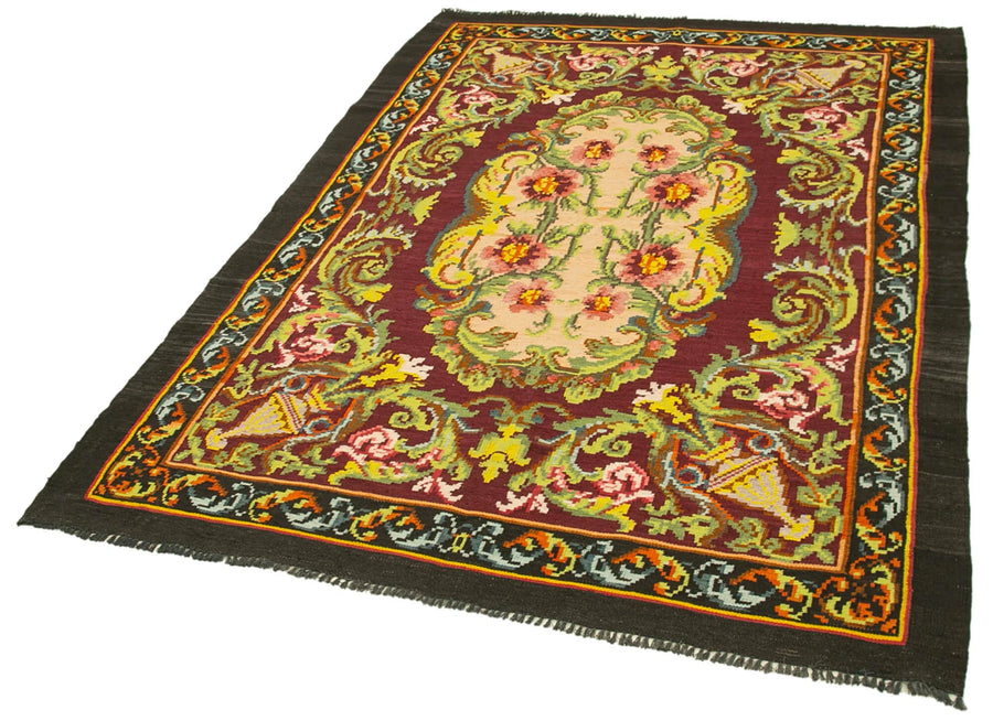 Moldovian Floral Kahverengi Çiçekli Pamuk Yün Keçi Tüyü El Dokuma Halısı 156x215 Agacan
