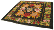 Moldovian Floral Siyah Çiçekli Pamuk Yün Keçi Tüyü El Dokuma Halısı 185x195 Agacan