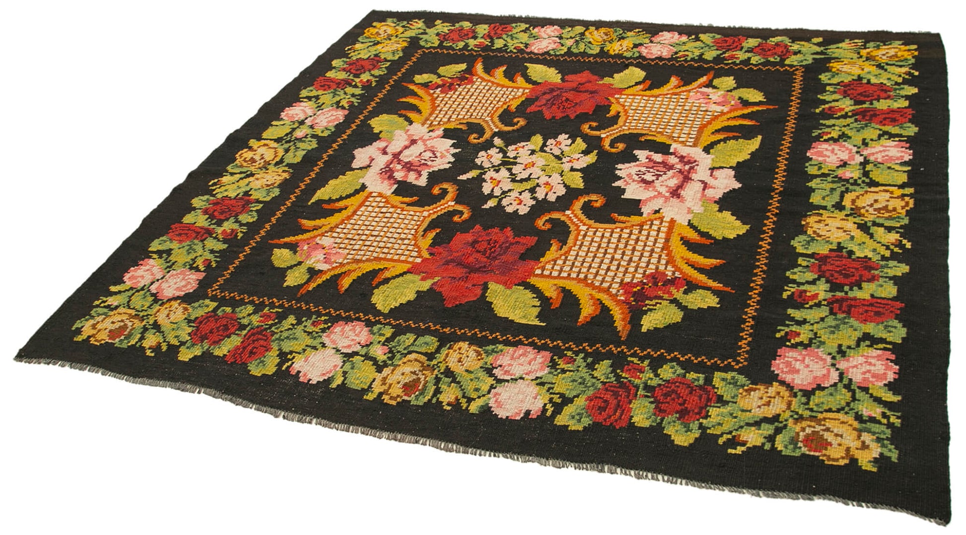 Moldovian Floral Siyah Çiçekli Pamuk Yün Keçi Tüyü El Dokuma Halısı 185x195 Agacan
