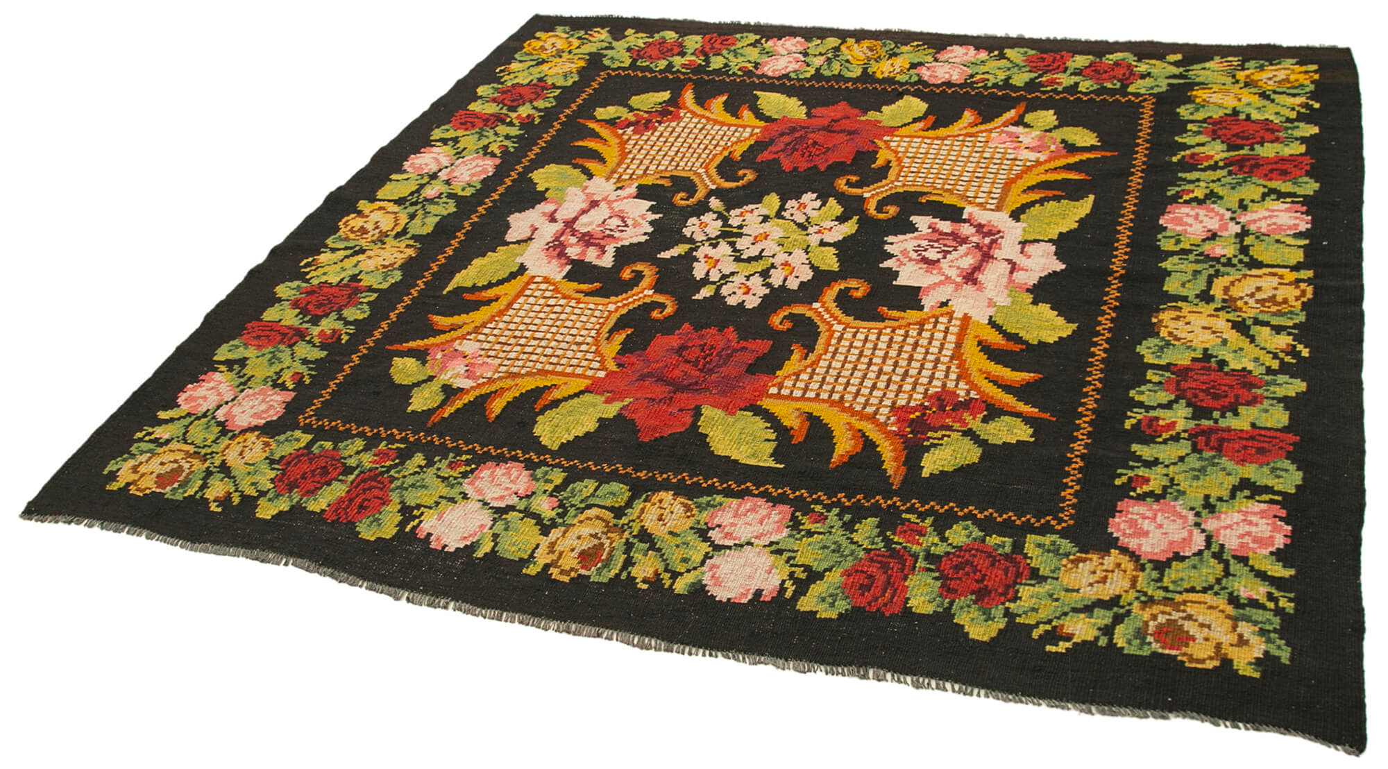 Moldovian Floral Siyah Çiçekli Pamuk Yün Keçi Tüyü El Dokuma Halısı 185x195 Agacan