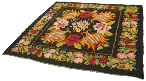 Moldovian Floral Siyah Çiçekli Pamuk Yün Keçi Tüyü El Dokuma Halısı 185x195 Agacan