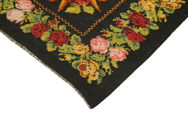 Moldovian Floral Siyah Çiçekli Pamuk Yün Keçi Tüyü El Dokuma Halısı 185x195 Agacan