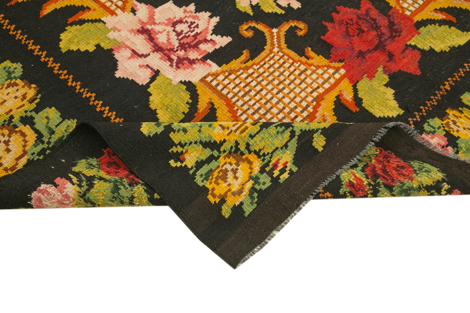 Moldovian Floral Siyah Çiçekli Pamuk Yün Keçi Tüyü El Dokuma Halısı 185x195 Agacan