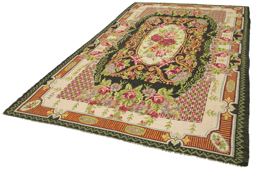 Moldovian Floral Siyah Çiçekli Pamuk Yün Keçi Tüyü El Dokuma Halısı 214x356 Agacan