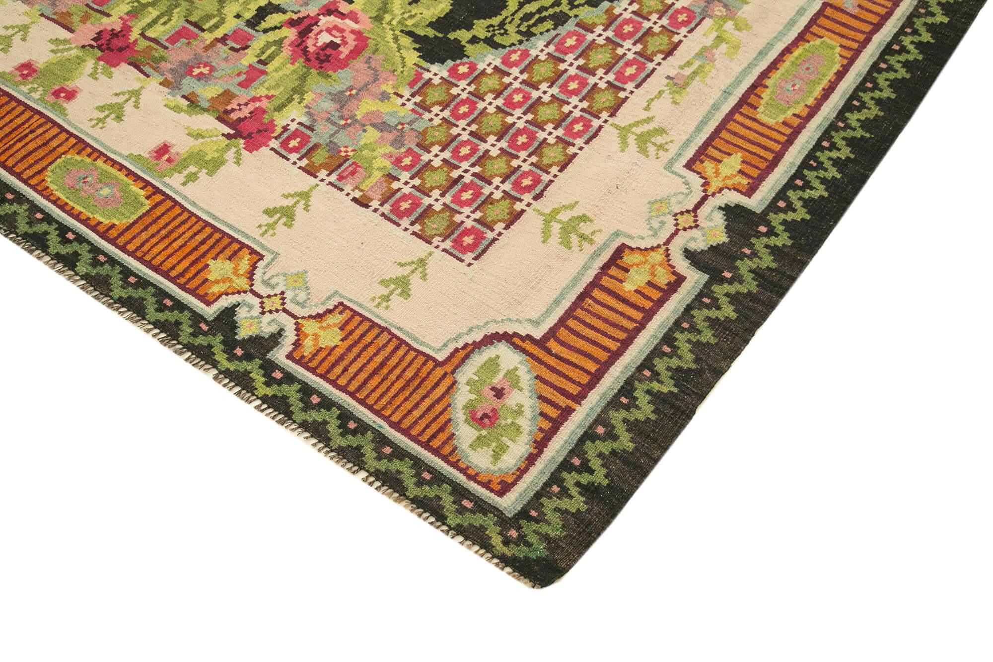Moldovian Floral Siyah Çiçekli Pamuk Yün Keçi Tüyü El Dokuma Halısı 214x356 Agacan
