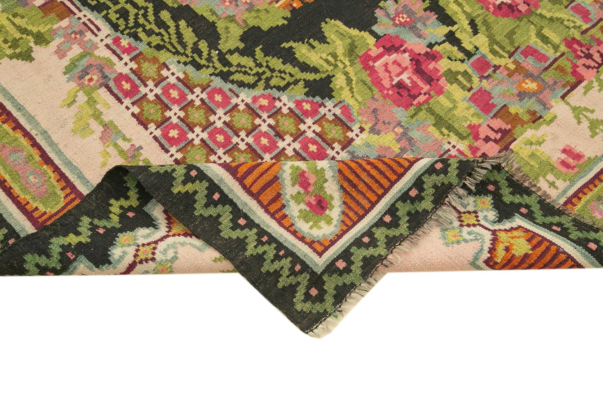 Moldovian Floral Siyah Çiçekli Pamuk Yün Keçi Tüyü El Dokuma Halısı 214x356 Agacan