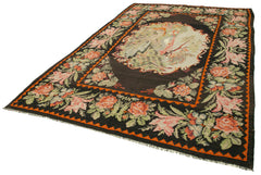 Moldovian Floral Siyah Çiçekli Pamuk Yün Keçi Tüyü El Dokuma Halısı 216x338 Agacan