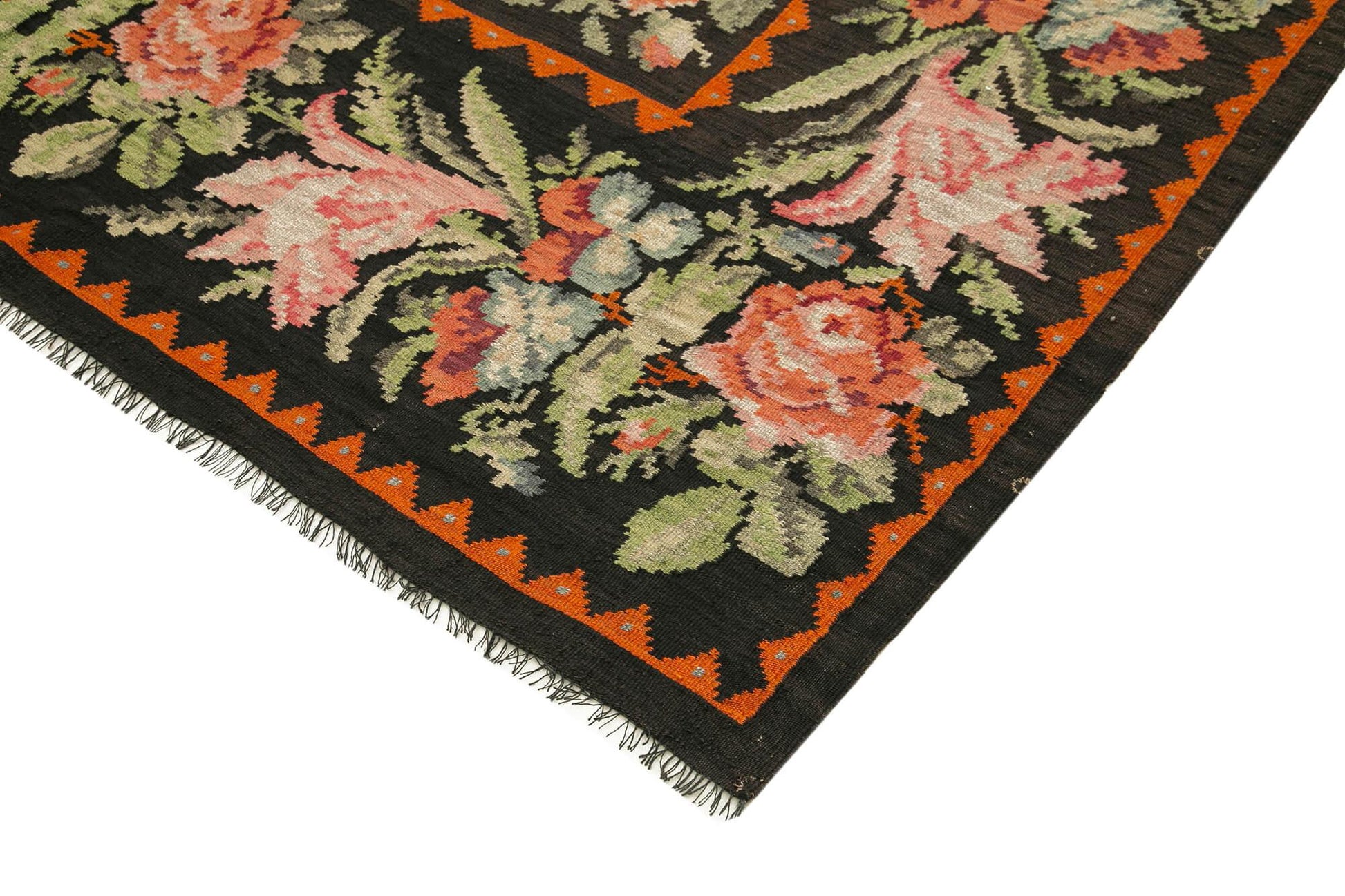 Moldovian Floral Siyah Çiçekli Pamuk Yün Keçi Tüyü El Dokuma Halısı 216x338 Agacan