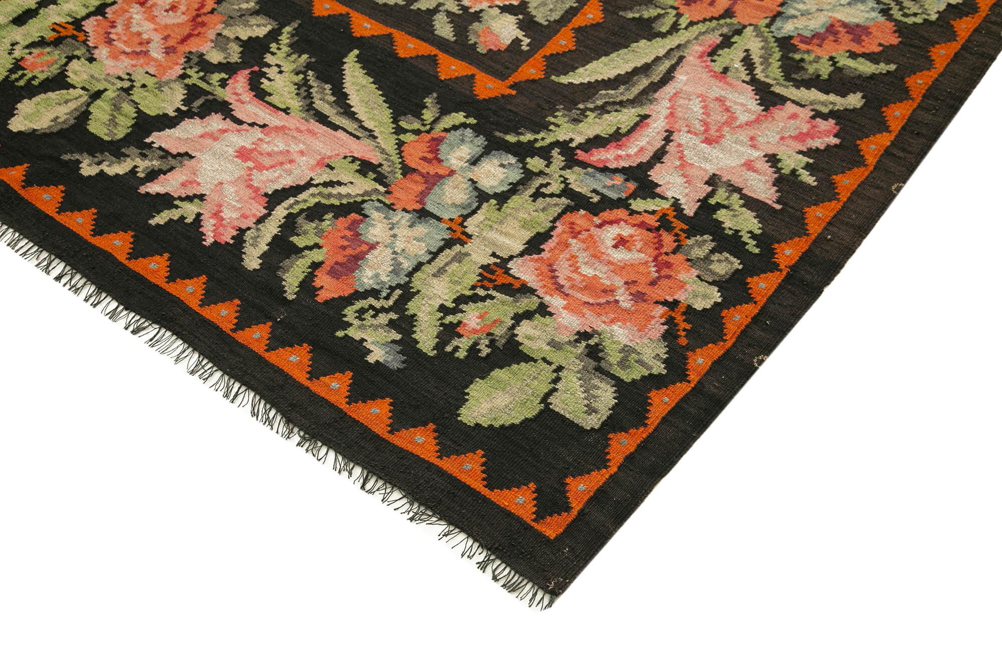 Moldovian Floral Siyah Çiçekli Pamuk Yün Keçi Tüyü El Dokuma Halısı 216x338 Agacan