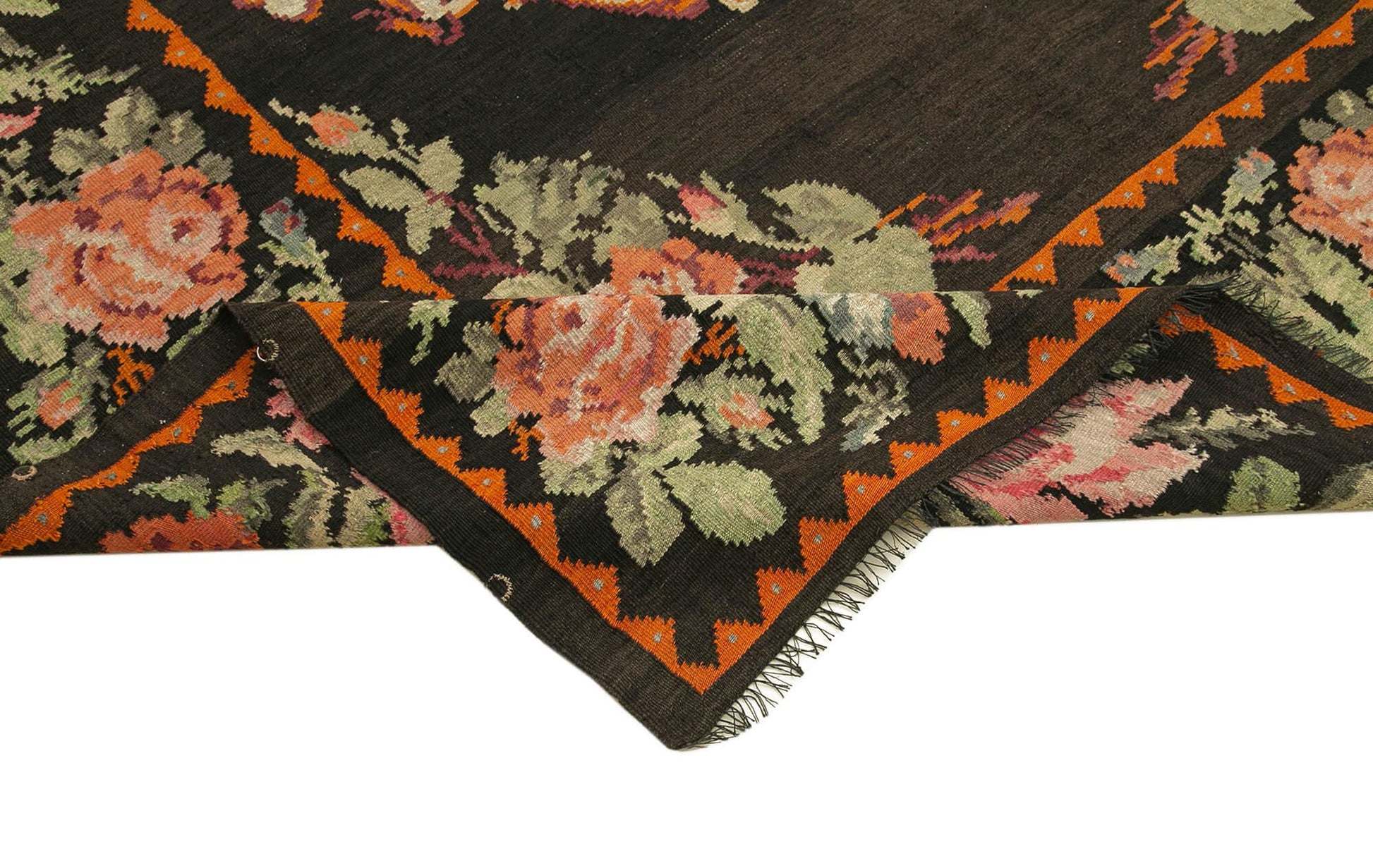 Moldovian Floral Siyah Çiçekli Pamuk Yün Keçi Tüyü El Dokuma Halısı 216x338 Agacan