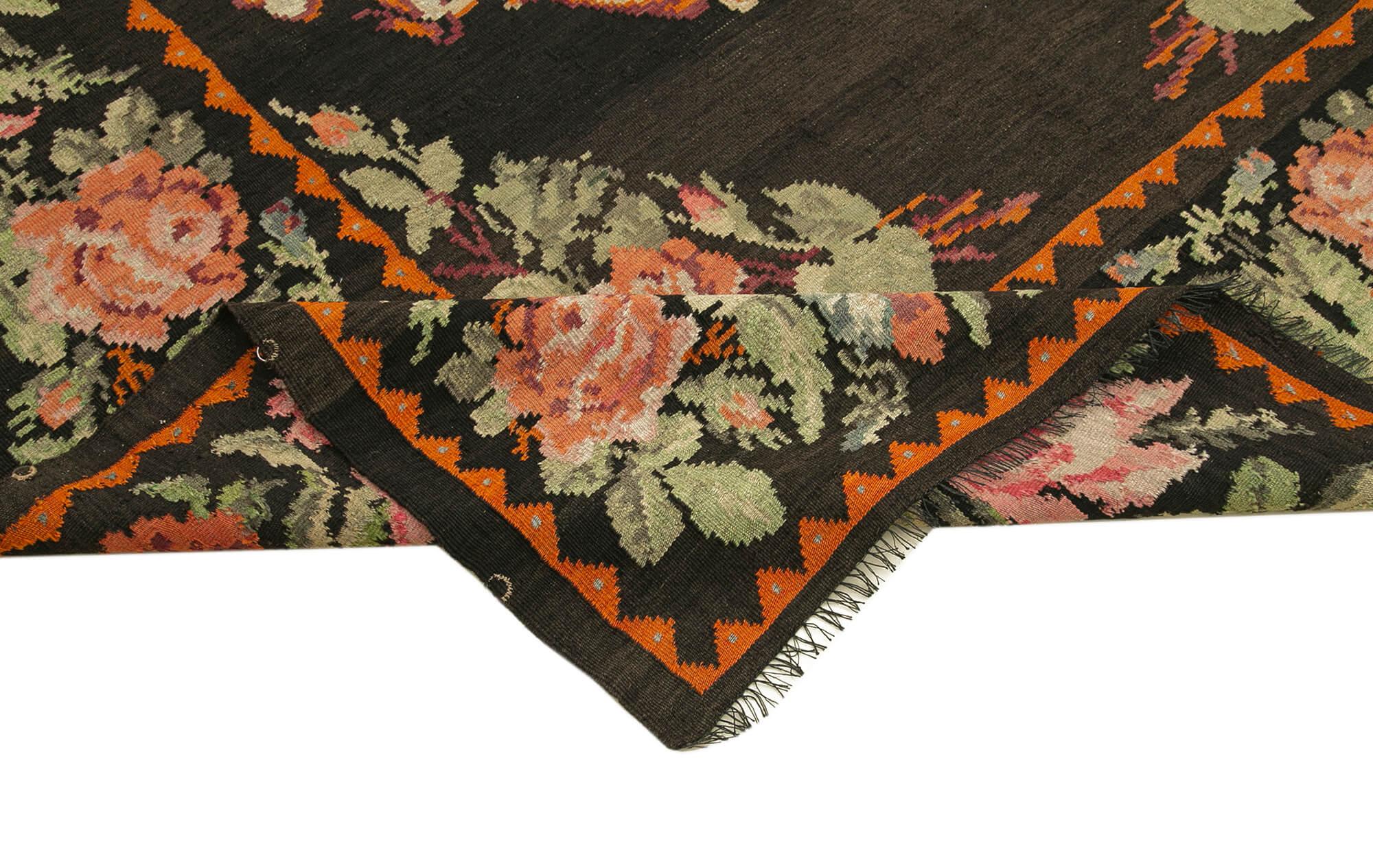 Moldovian Floral Siyah Çiçekli Pamuk Yün Keçi Tüyü El Dokuma Halısı 216x338 Agacan