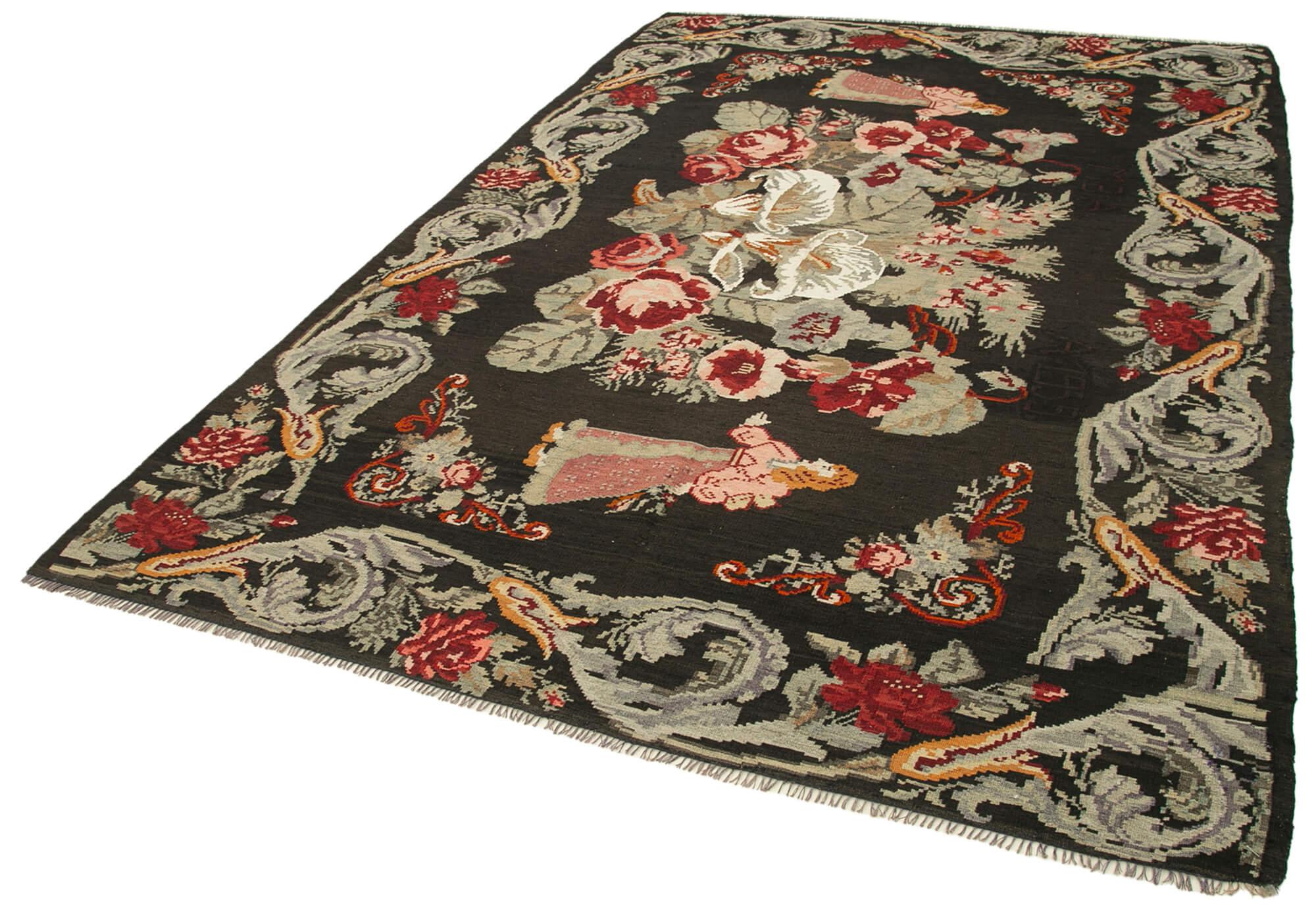 Moldovian Floral Siyah Çiçekli Pamuk Yün Keçi Tüyü El Dokuma Halısı 192x292 Agacan