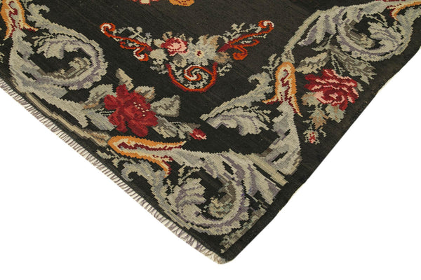 Moldovian Floral Siyah Çiçekli Pamuk Yün Keçi Tüyü El Dokuma Halısı 192x292 Agacan