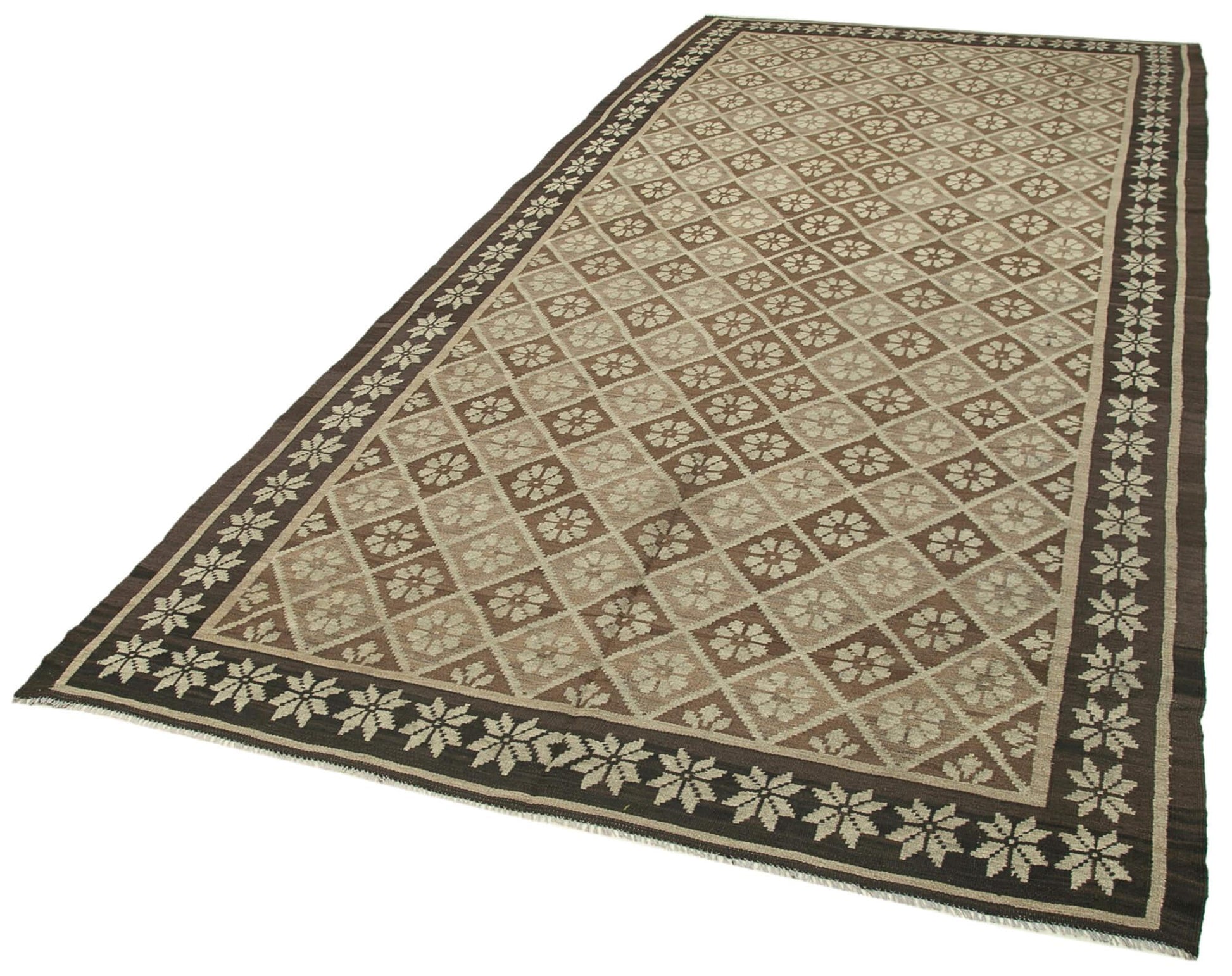Moldovian Floral Siyah Çiçekli Pamuk Keçi Tüyü Yün El Dokuma Halısı 173x375 Agacan