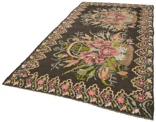 Moldovian Floral Siyah Çiçekli Pamuk Yün Keçi Tüyü El Dokuma Halısı 169x308 Agacan