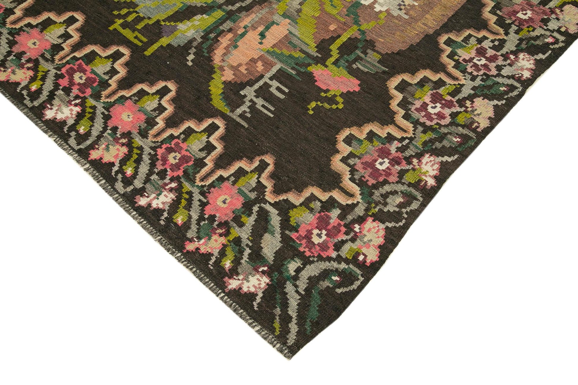 Moldovian Floral Siyah Çiçekli Pamuk Yün Keçi Tüyü El Dokuma Halısı 169x308 Agacan