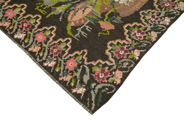 Moldovian Floral Siyah Çiçekli Pamuk Yün Keçi Tüyü El Dokuma Halısı 169x308 Agacan