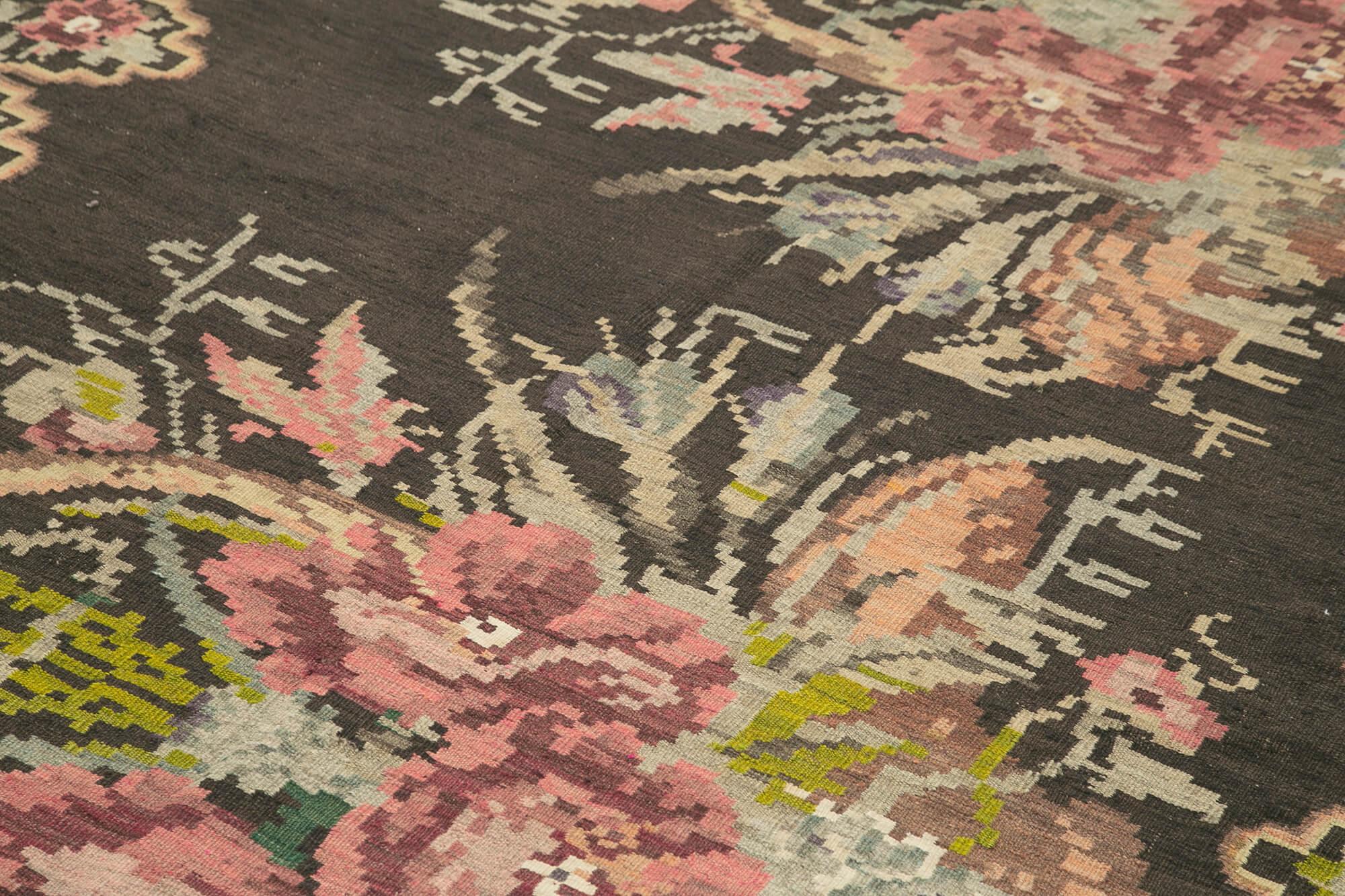 Moldovian Floral Siyah Çiçekli Pamuk Yün Keçi Tüyü El Dokuma Halısı 169x308 Agacan