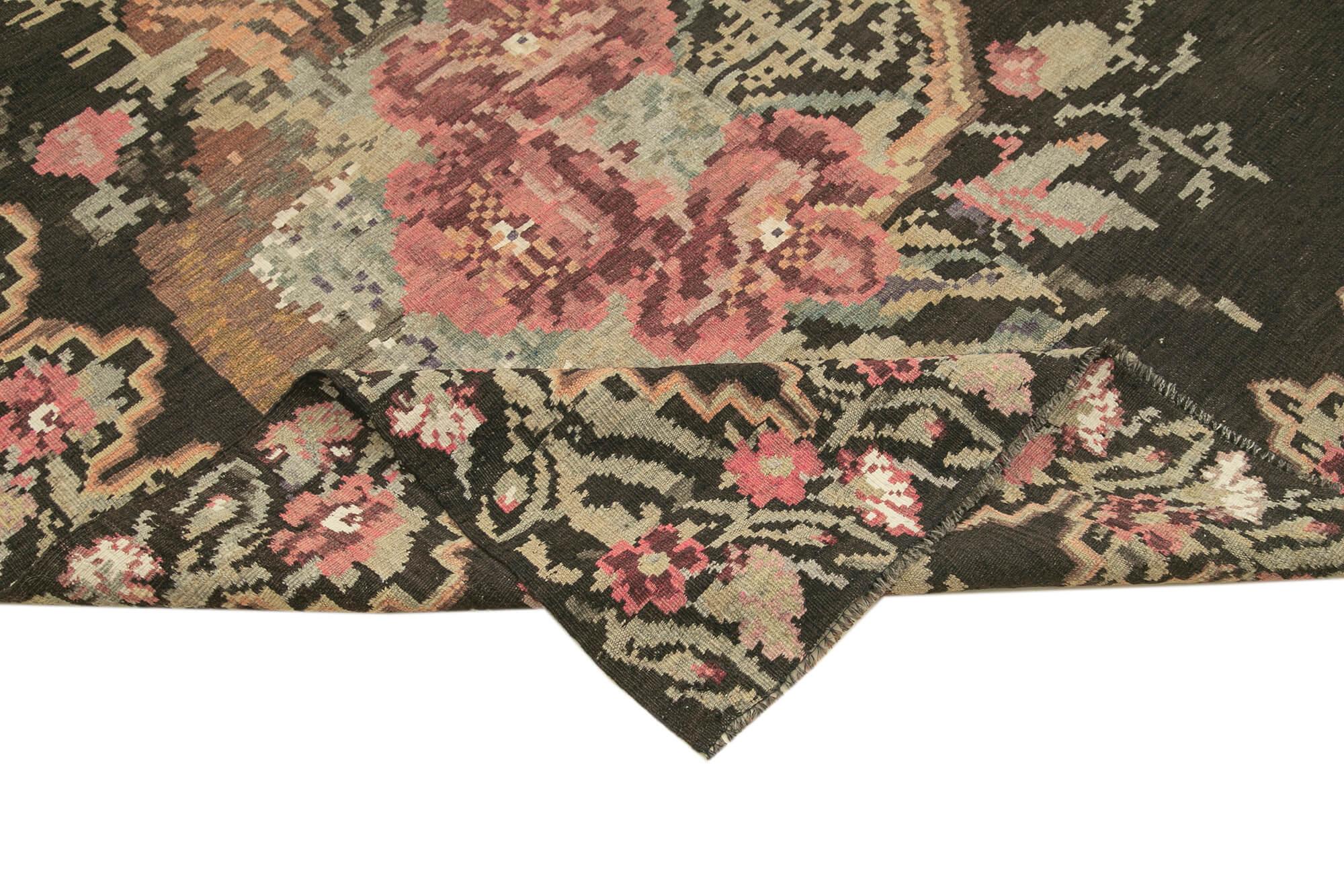 Moldovian Floral Siyah Çiçekli Pamuk Yün Keçi Tüyü El Dokuma Halısı 169x308 Agacan