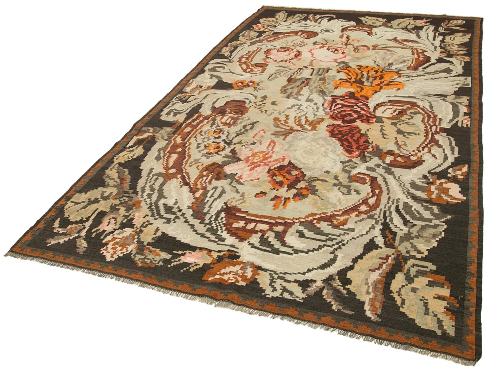 Moldovian Floral Siyah Çiçekli Pamuk Yün Keçi Tüyü El Dokuma Halısı 177x317 Agacan