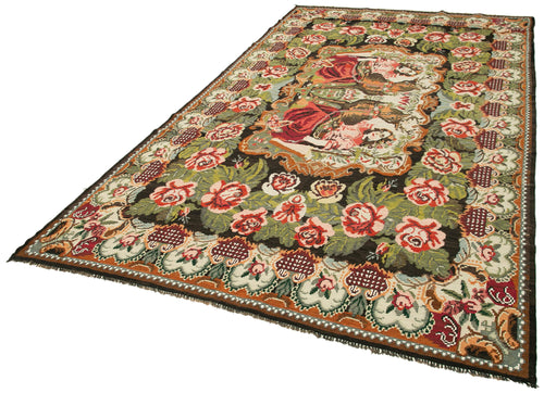Moldovian Floral Siyah Çiçekli Pamuk Yün Keçi Tüyü El Dokuma Halısı 193x340 Agacan