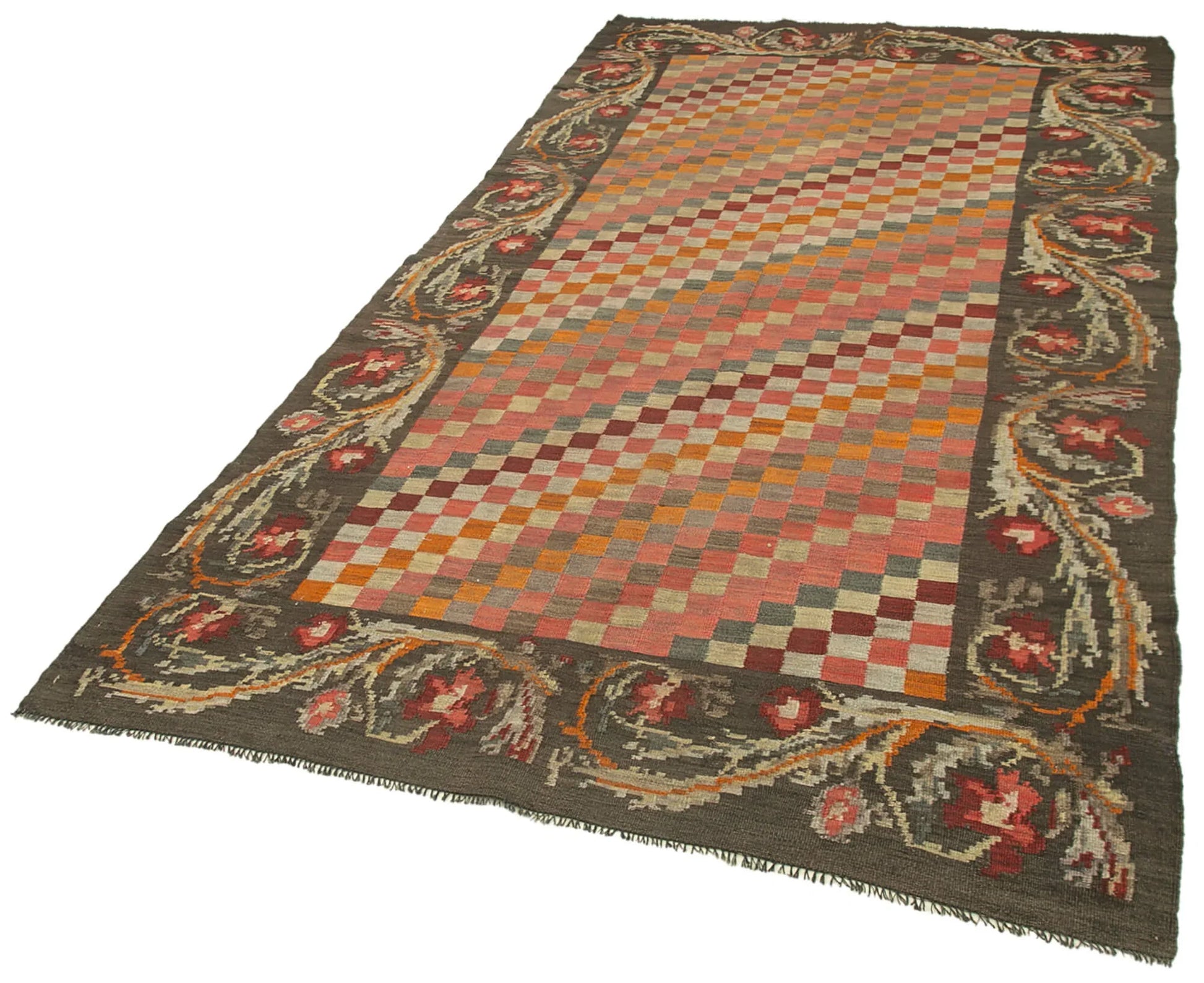 Moldovian Floral Kahverengi Çiçekli Pamuk Yün Keçi Tüyü El Dokuma Halısı 160x306 Agacan