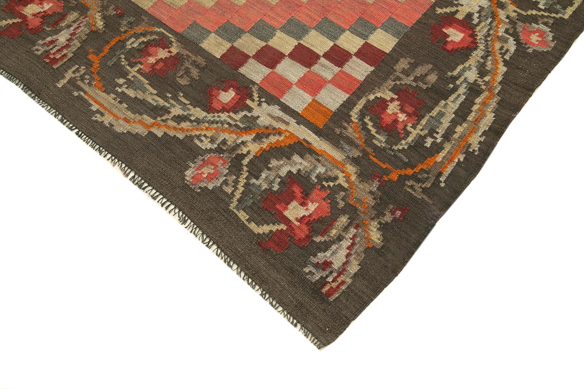 Moldovian Floral Kahverengi Çiçekli Pamuk Yün Keçi Tüyü El Dokuma Halısı 160x306 Agacan
