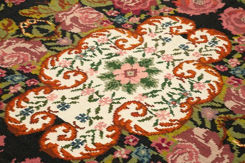 Moldovian Floral Siyah Çiçekli Pamuk Yün Keçi Tüyü El Dokuma Halısı 205x258 Agacan