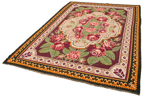 Moldovian Floral Siyah Çiçekli Pamuk Yün Keçi Tüyü El Dokuma Halısı 192x270 Agacan