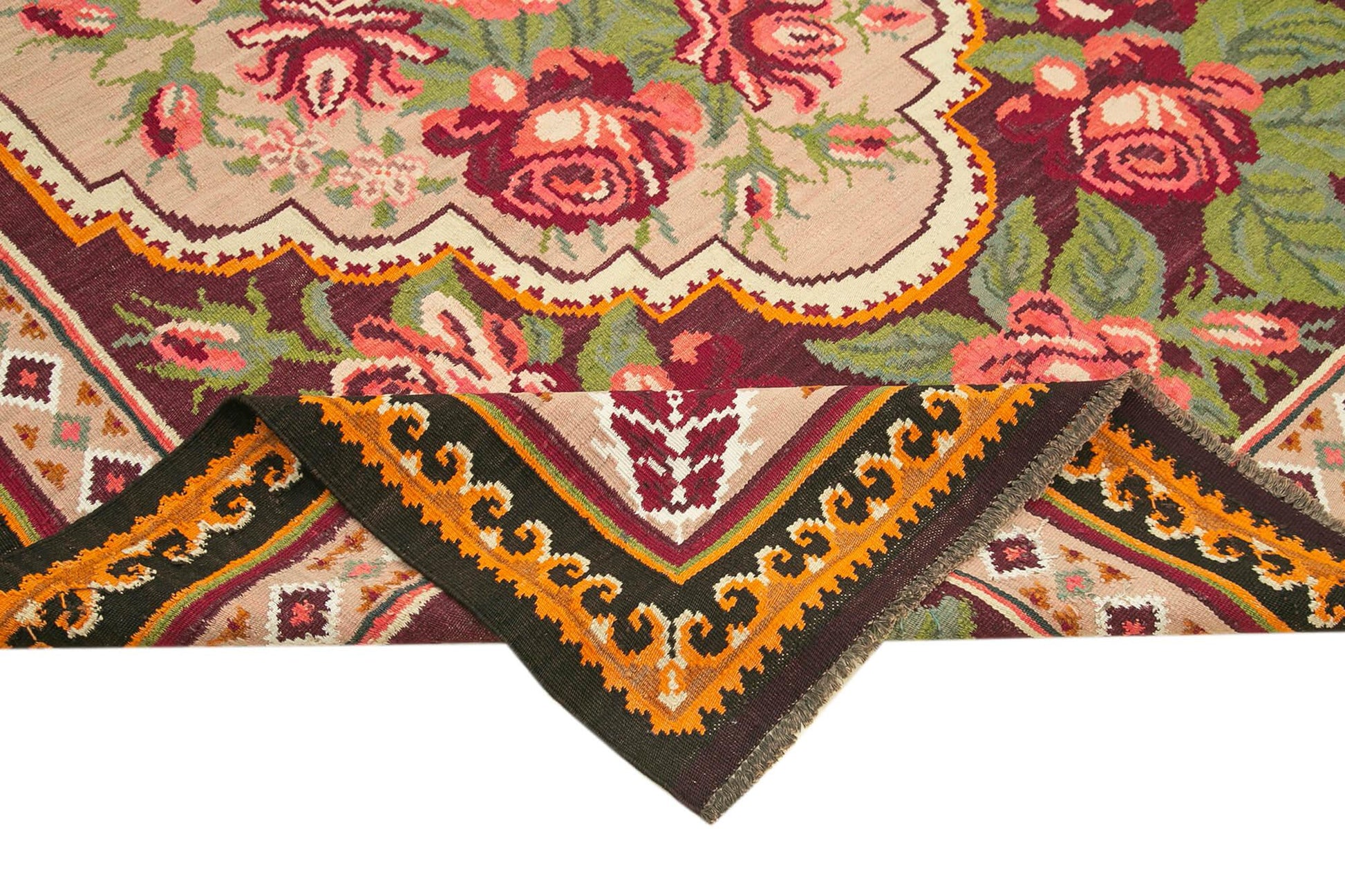 Moldovian Floral Siyah Çiçekli Pamuk Yün Keçi Tüyü El Dokuma Halısı 192x270 Agacan